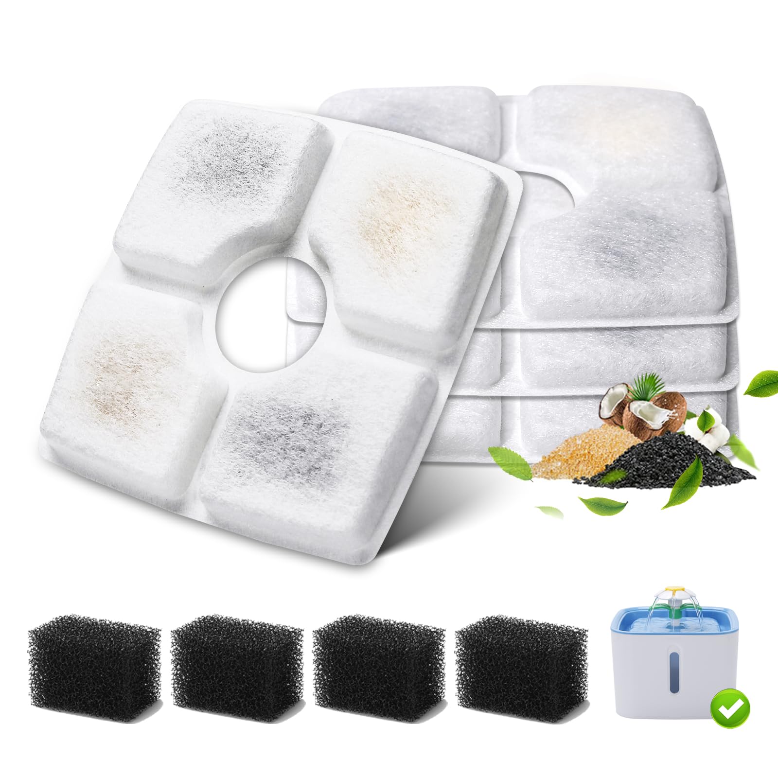 4-Pack Cat Water Fountain Filter Replacement & 4-Pack Pre-Filter Sponges for Square 84oz/2.5L Automatic Cat Fountain Dog Water Dispenser, Triple