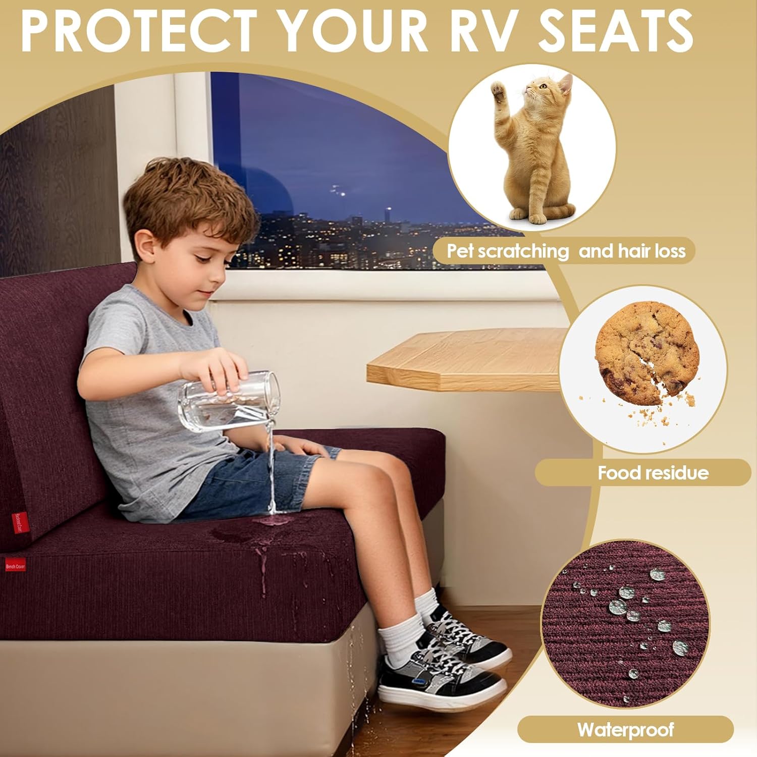 Waterproof RV Dinette Cushion Covers - Stretch Seat Slipcover, Washable RV Couch Cover Designed for Camper Car Bench (Sofa 1 Backrest Cover & 1 Bench Cover, Burgundy)