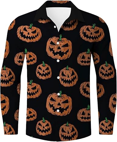 Halloween Hawaii Hemd Herren - Kürbis Print Shirt Mit Stretch-Stoff