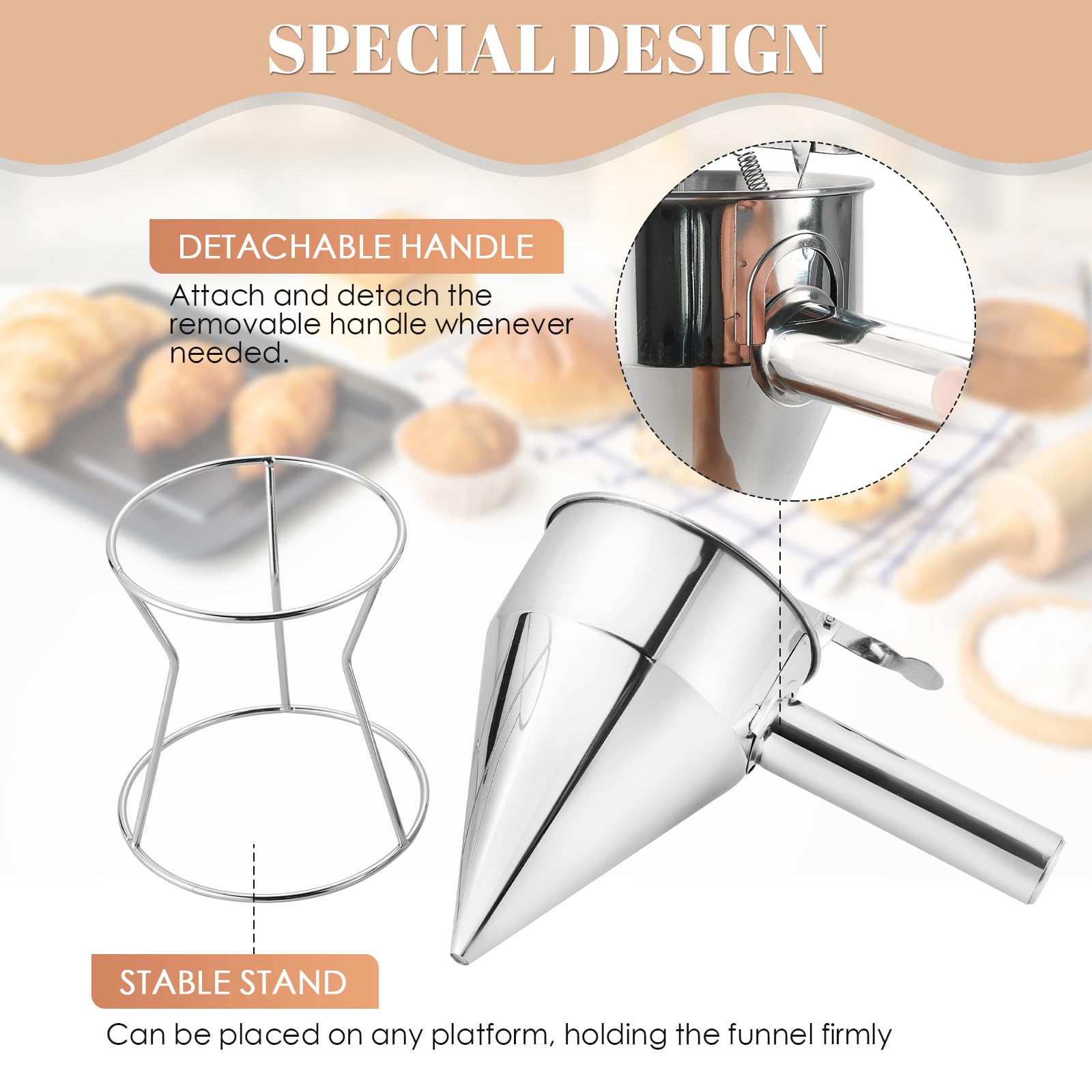 MAOPINER Dispensador de masa de panqueques de acero inoxidable de 1200 ml, dispensador de embudo de pistón, embudo comercial de confitería de chocolate con soporte para Takoyaki y hornear