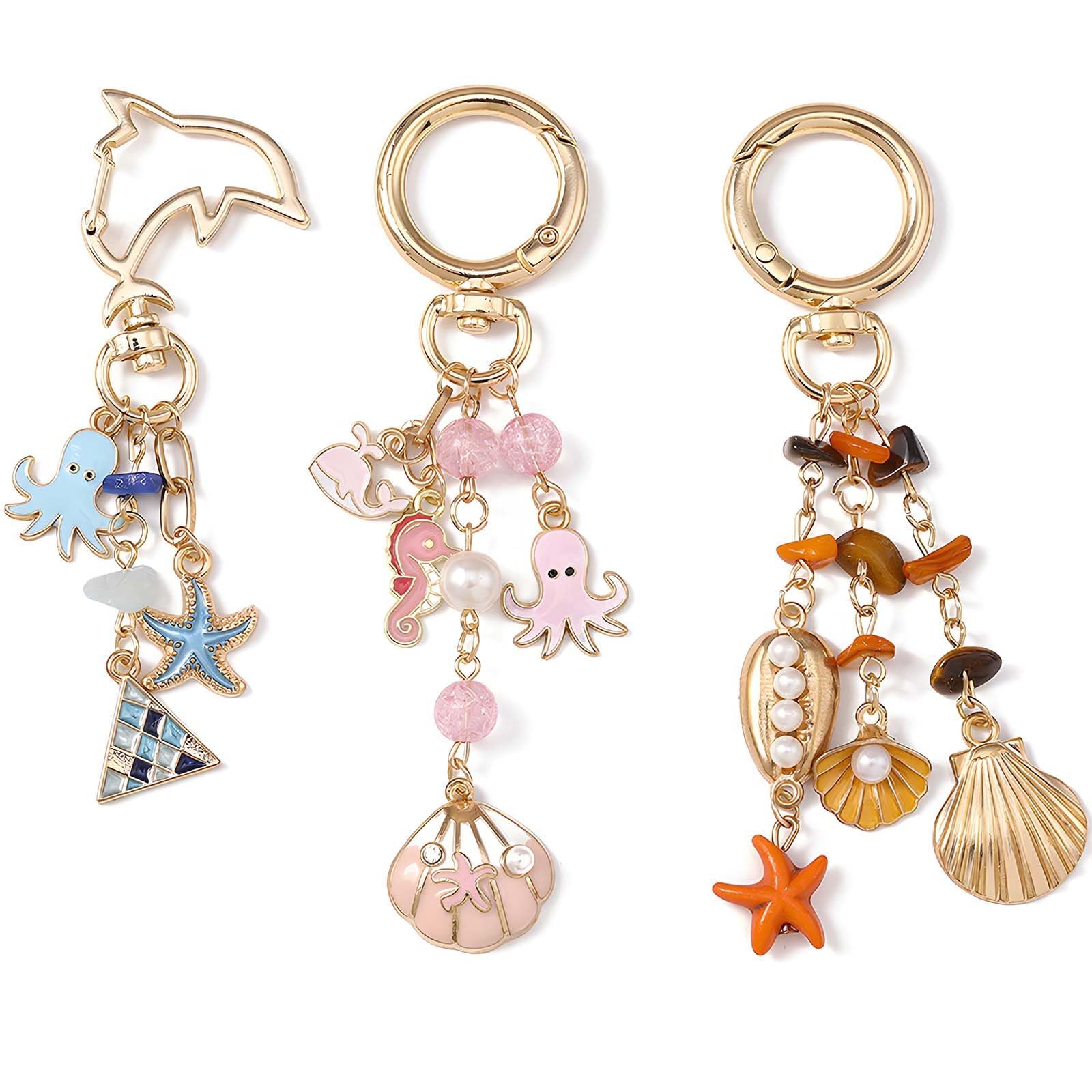 3pcs Keychains for Women with Cute Ocean Design, Cute Handbag Keychain with Shell Decoration, Starfish Octopus Bag Hanger, Aesthetic Bag Hanger, Girls and Women