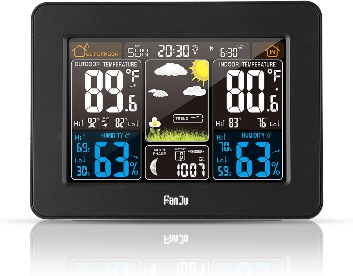 FJ3365B Digital Color Forecast Weather Station with Alert and Temperature/Humidity/Barometer/Alarm/Moon Phase/Weather Clock with Outdoor Sensor