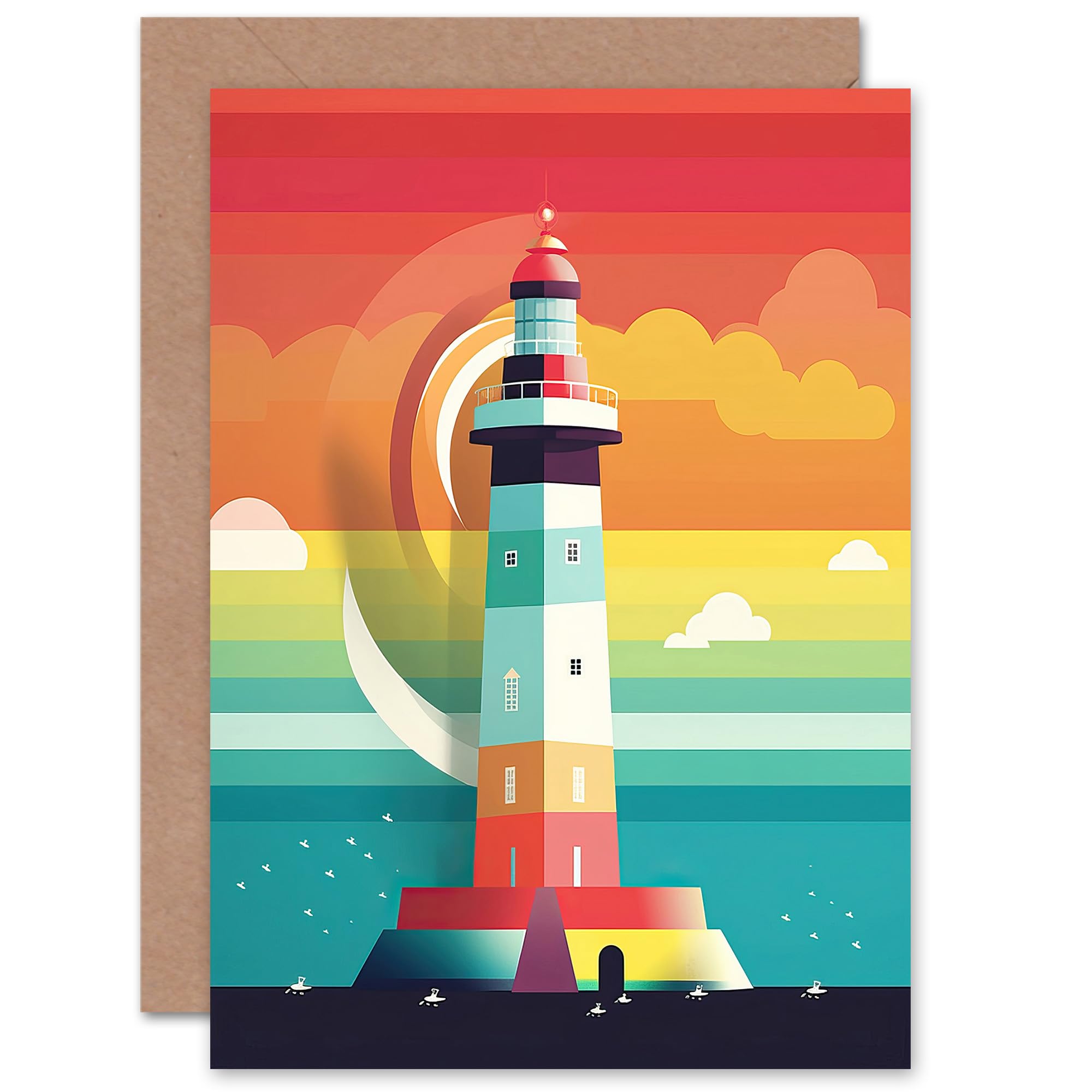 Artery8 Lighthouse Mid Century Modern for Child Children Kids Birthday Congratulations Them Him Her Blank Art Greeting Card