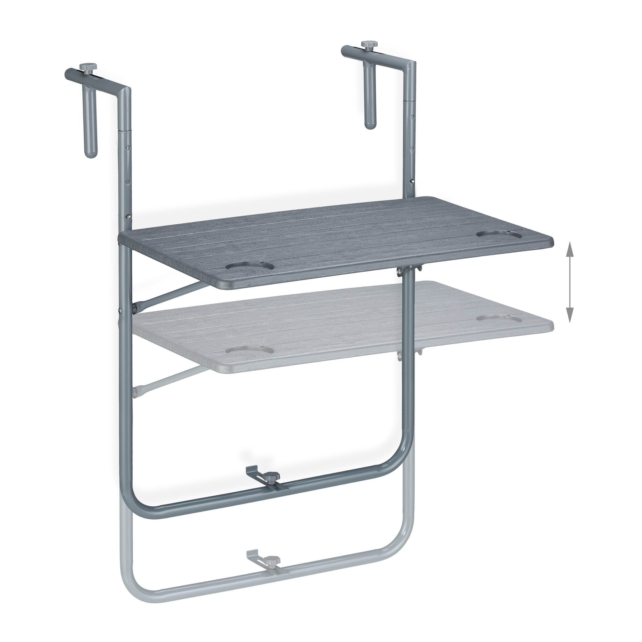Relaxdays Tavolino da Balcone Pieghevole, 59,5 x 60 cm, Mini Tavolo Appeso, Regolabile in Altezza, Salvaspazio, Grigio