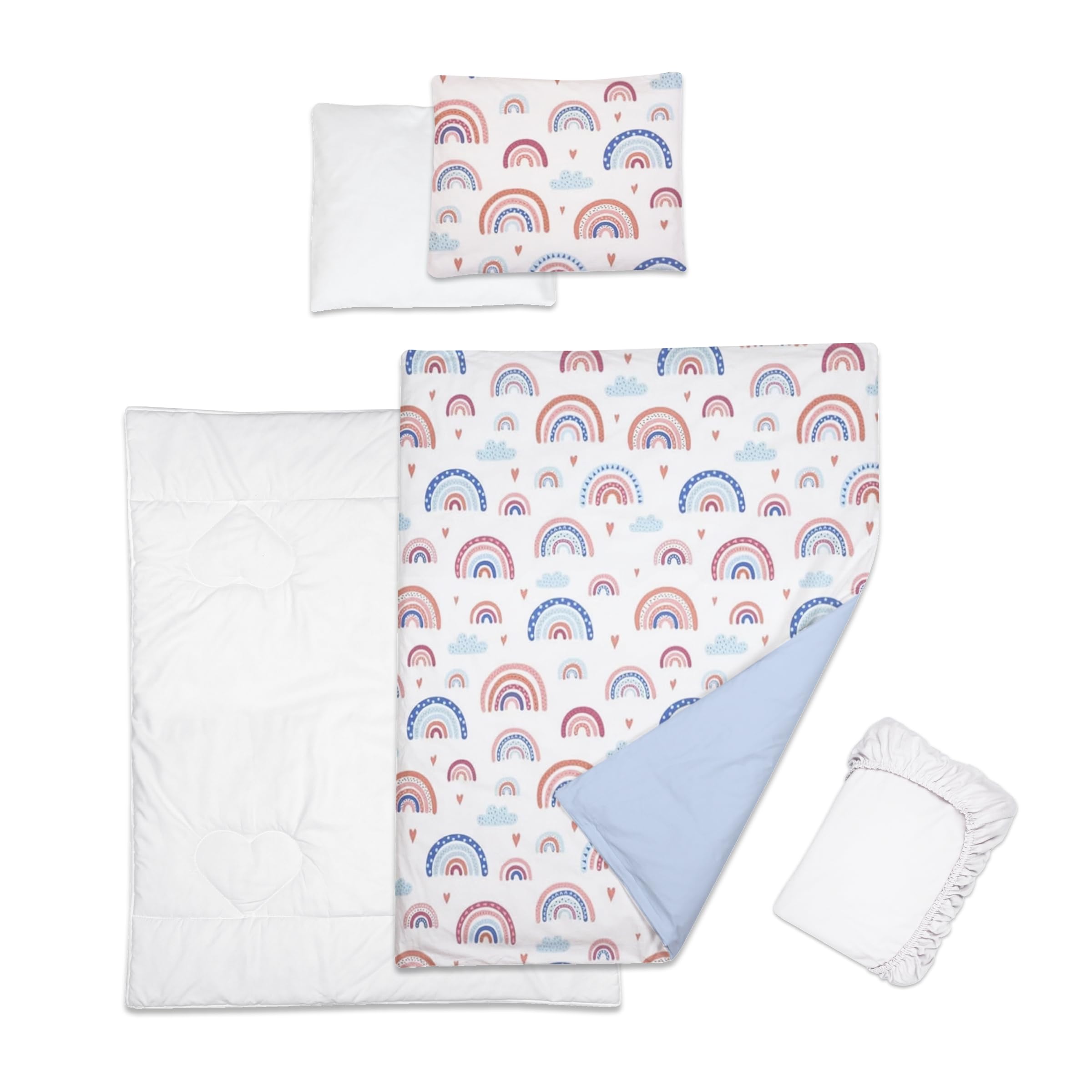 Baby Comfort 5 Piece Toddler Bedding Duvet Pillow with Covers & Jersey Sheet fits 90x55cm Bedside Crib 12M+ (Rainbow)