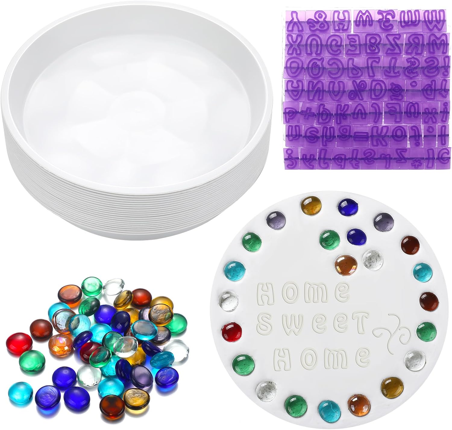 LOYIM 20 Pcs 8 Inch Stepping Stone Kit Include Round Concrete Mold Mosaic Tiles and Letters Numbers Stamps DIY Craft Art Make Your Garden Stepping Stone for Family Outdoor Decorative (No Concrete Mix)