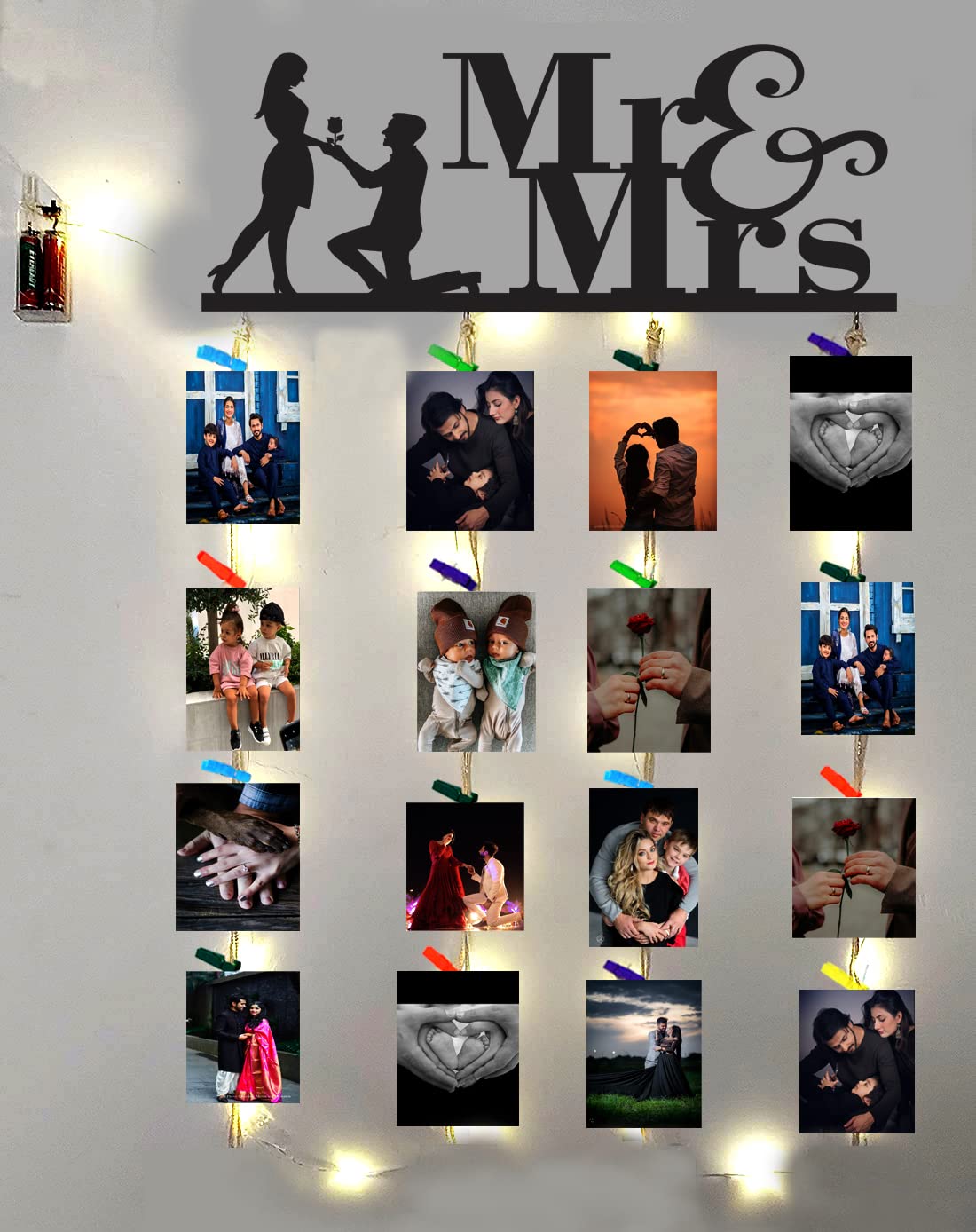 Khush Its Amazing Home Decor Wood Mr And Mrs With LED Light Hanging Photo Display, DIY Picture Photo Frame Collage Set Includes Multi colour Clips