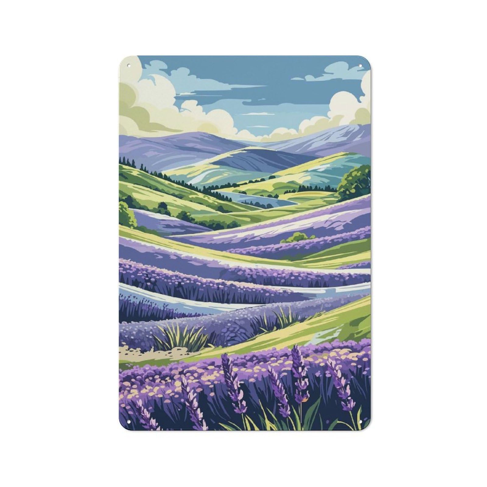 Junmoney Style-23 Garage Style Decorative Metal Plaque 30X20cm Featuring Lavender Field Landscape Illustration, Garage Wall Decor For Garage, Workshop, Shed Or Utility Room