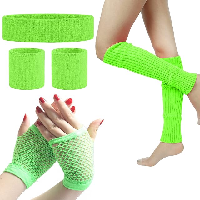 Leg Warmers Fishnet Gloves Headband Wristbands Neon Set, 80s Women Fancy Dress Costume Accessories, 1980s Retro Theme Party Costumes