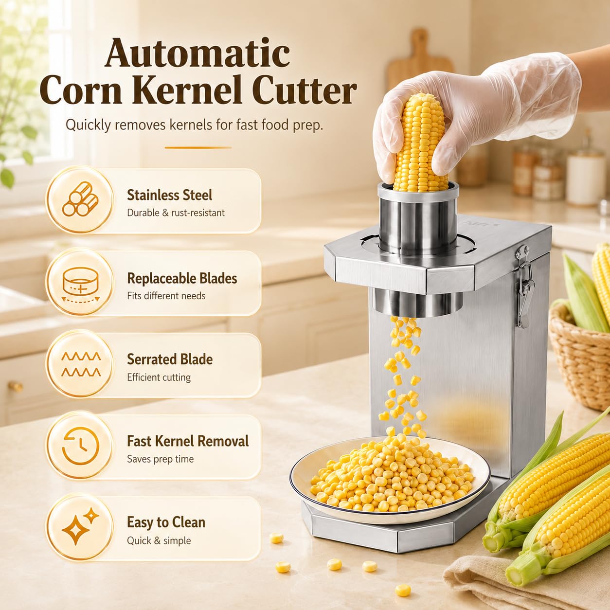 40W Automatische Maisentkerner-Maschine, 6,5 cm Schacht | Schneller Elektrischer Entkerner aus Edelstahl. Perfekt für Imbissstände, Konserven und Gastronomie.