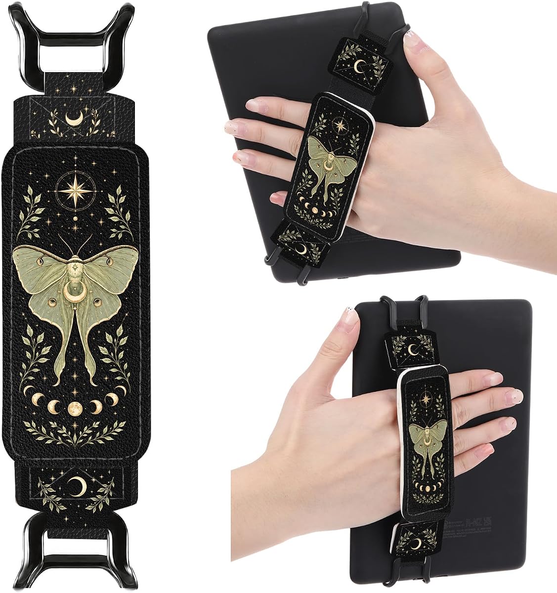 Hand Strap for Kindle - Fantasy Moon Moth Holder Finger Grip | Secure E-reader Tablets Accessories for 6-8" Paperwhite 12th/11th Gen/iPad Mini/Kobo/Sony E-Book Reading Lovers Bookish Gifts