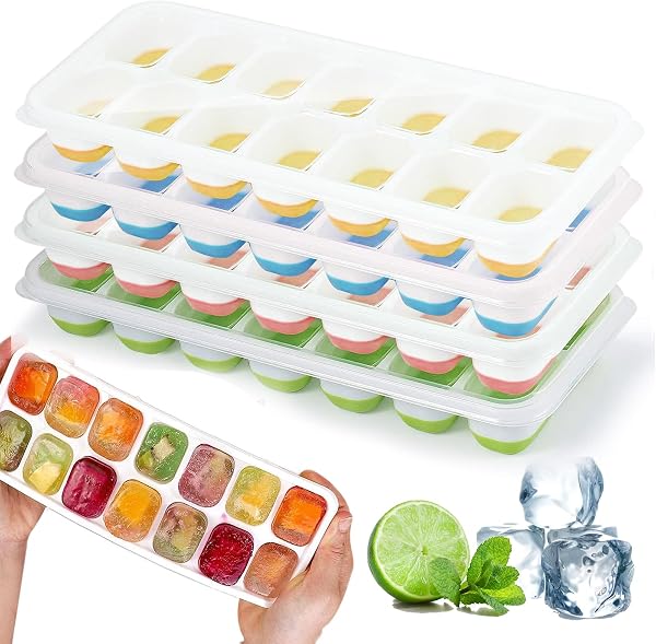 4 Pièces bacs à glaçons en silicone avec couvercle,Moule à Glaçons,Certifié LFGB - Sans BPA,bacs à glaçons carrés faciles à retirer(1 Vert+1 Bleu+1 Rose+1 Jaune) - 1