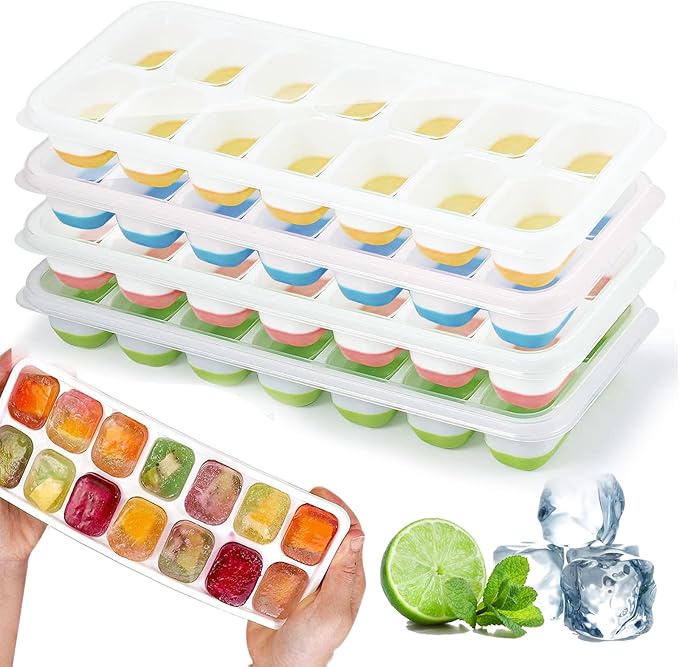 4 Pezzi Vassoi Per Cubetti Di Ghiaccio In Silicone Con Coperchio,Stampo Per Ghiaccio,Certificato LFGB - Senza BPA,vassoi Per Ghiaccio Quadrati Facili Da Rimuovere (1 Verde+1 Blu+1 Rosa+1 Giallo)