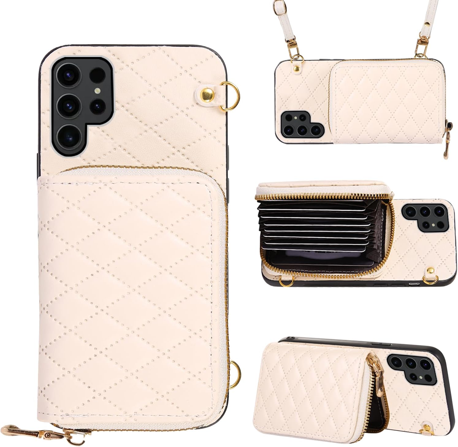 Compatible with Samsung Galaxy S25 Ultra 5G Zipper Wallet Case with Crossbody Shoulder Strap Flip Purse Card Slots, Card Holder Stand Cell Phone Cover for S25Ultra 25S S 25 25Ultra Women White