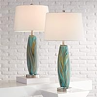 360 Lighting Azure Modern Table Lamps Set of 2 - 29.5" Handcrafted Blue Brown Art Glass, White Drum Shade for Bedroom Living Room
