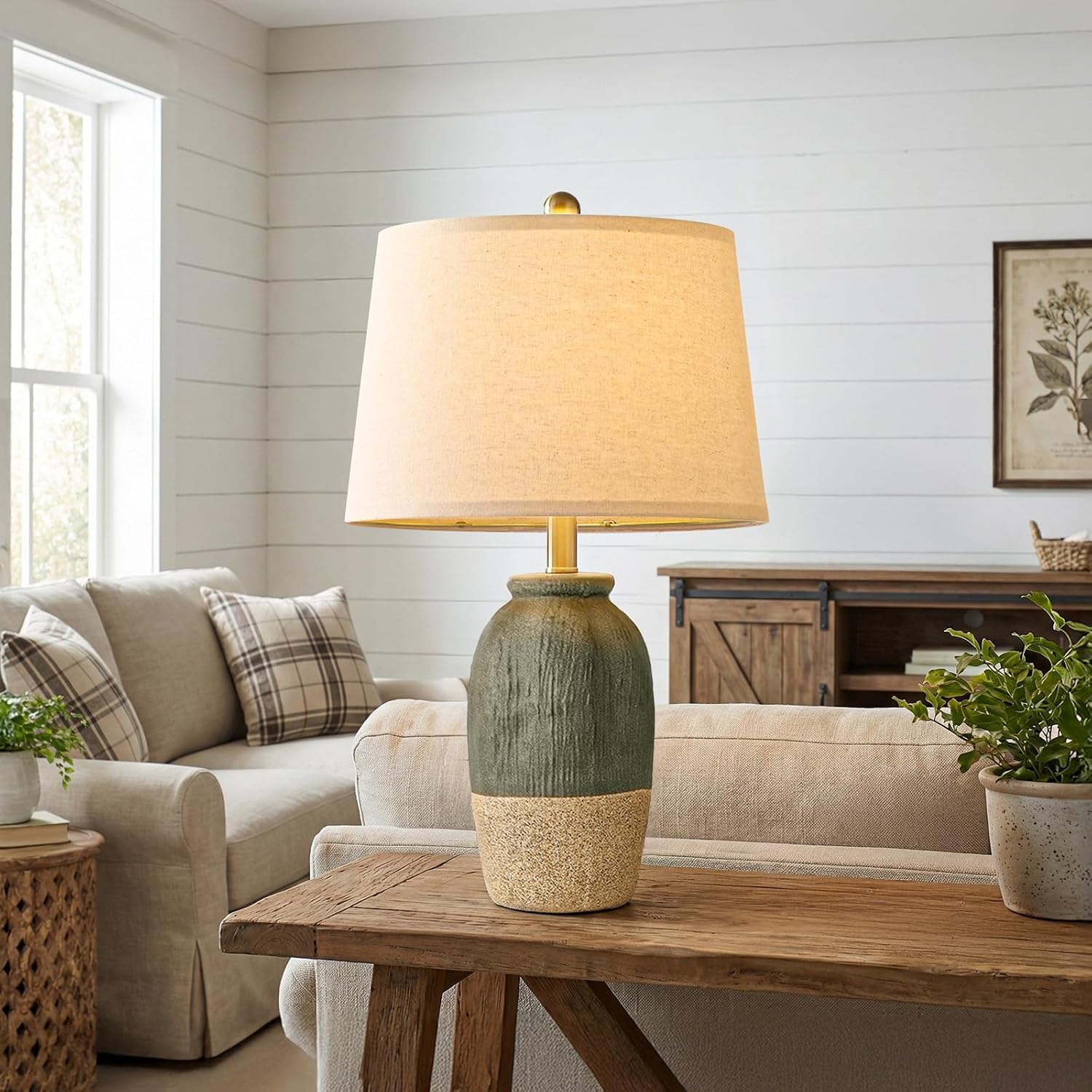22.5" Hand-Textured Vintage Ceramic Table Lamp, Single Rustic Farmhouse Bedside Lamp with Linen Shade, Boho Lamp for Bedroom Living Room Nightstand Side Table Home Decor, Green&Earthy Yellow