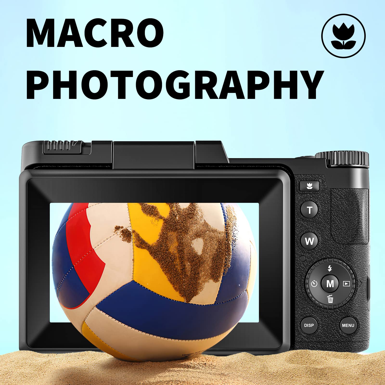 Fotocamera digitale 4K 48MP Vlogging Camera per YouTube Zoom digitale 16X con funzione macro e flash sollevabile, fotocamera compatta per fotografia 3 '' 180 ° Flip Screen, 32 GB TF Card, 2 batterie