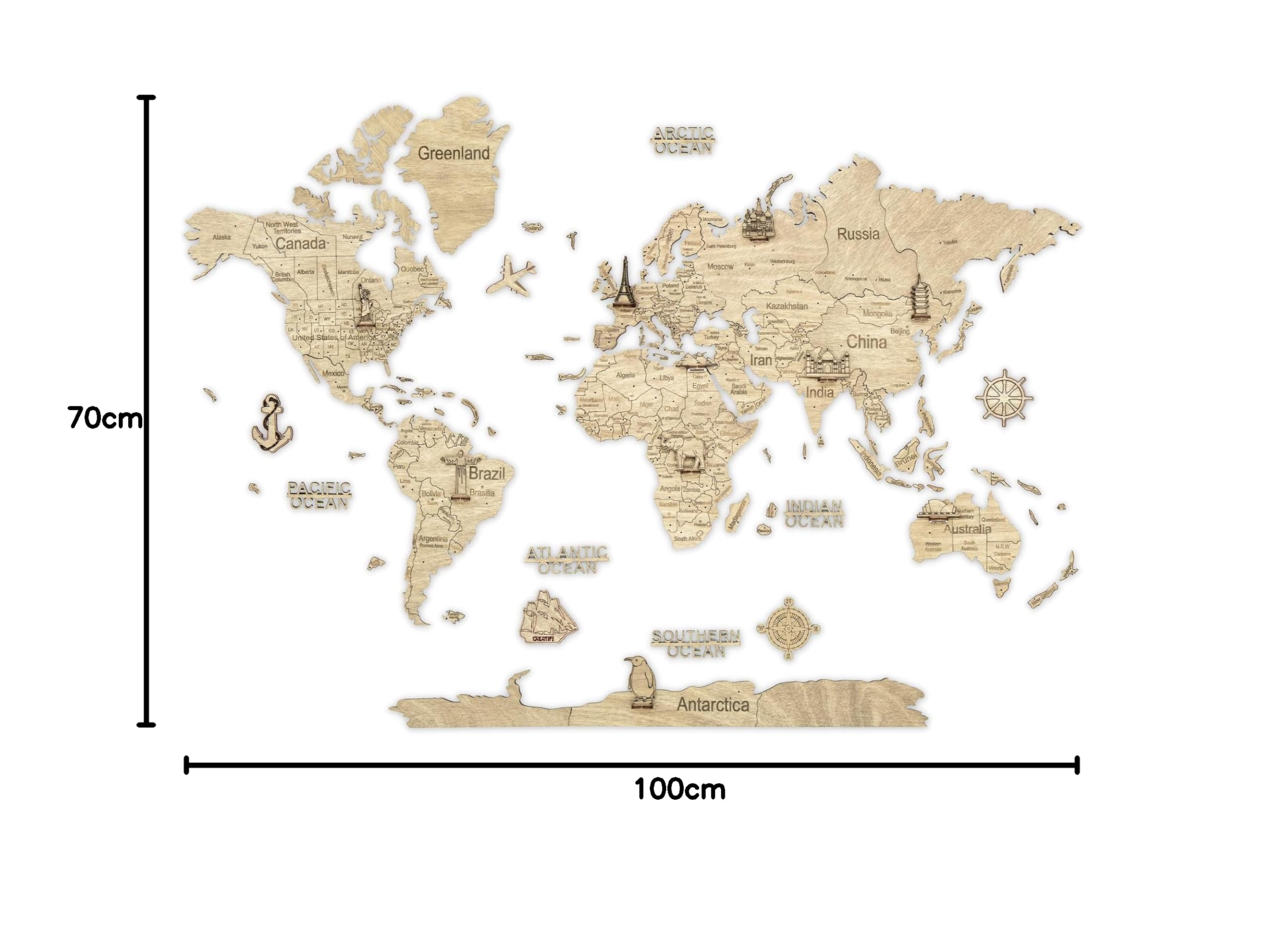 Creatifwood Drewniana mapa świata, sztuka 2D, dekoracja ścienna, pomysł na prezent, sztuka ścienna do domu, kuchni lub biura (lekka, 100 l x 70 szer. cm)