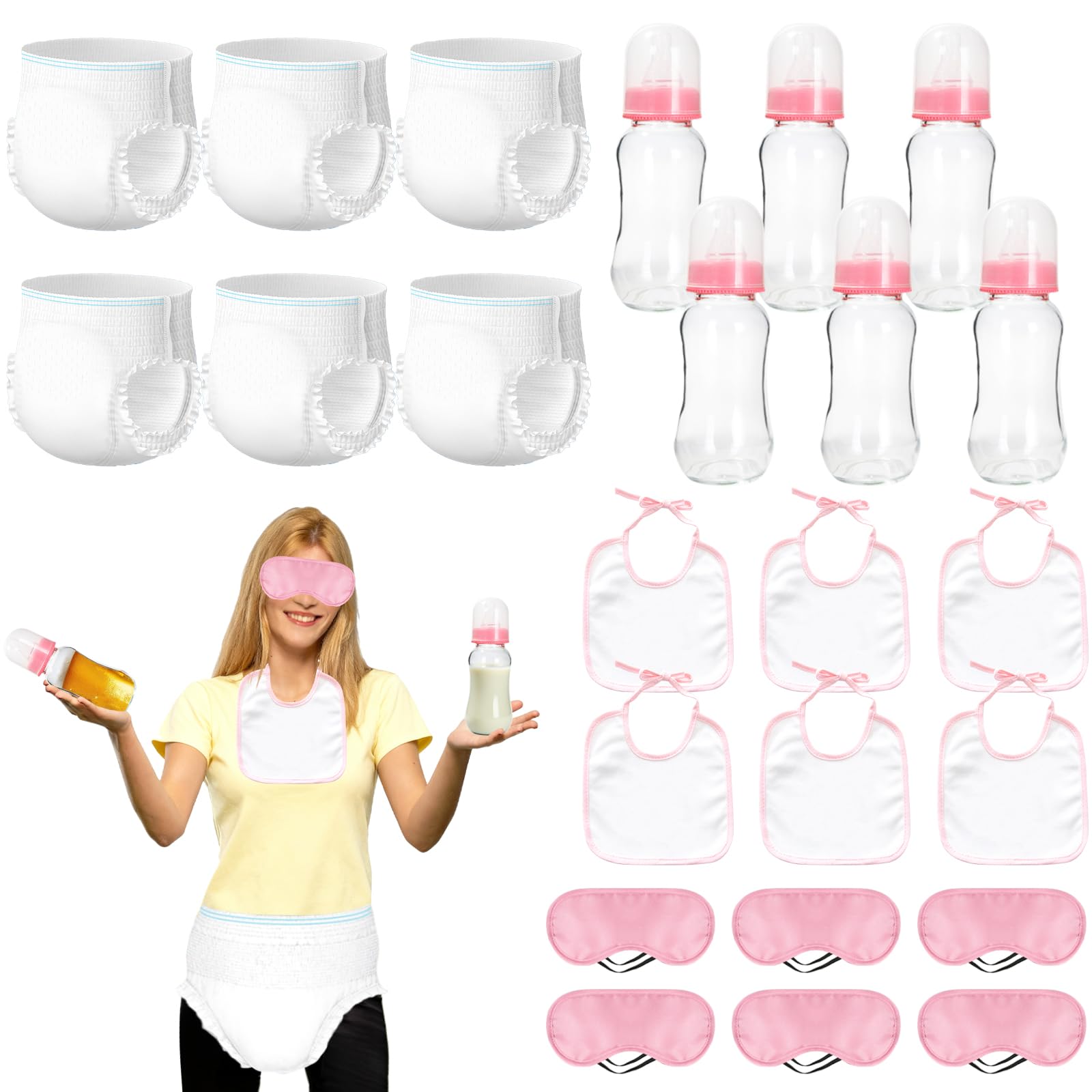 6 sets bottle chug baby shower games | plastic baby bottles bibs eye mask disposable diapers gender reveal games baby changing diaper race game decorations (pink)