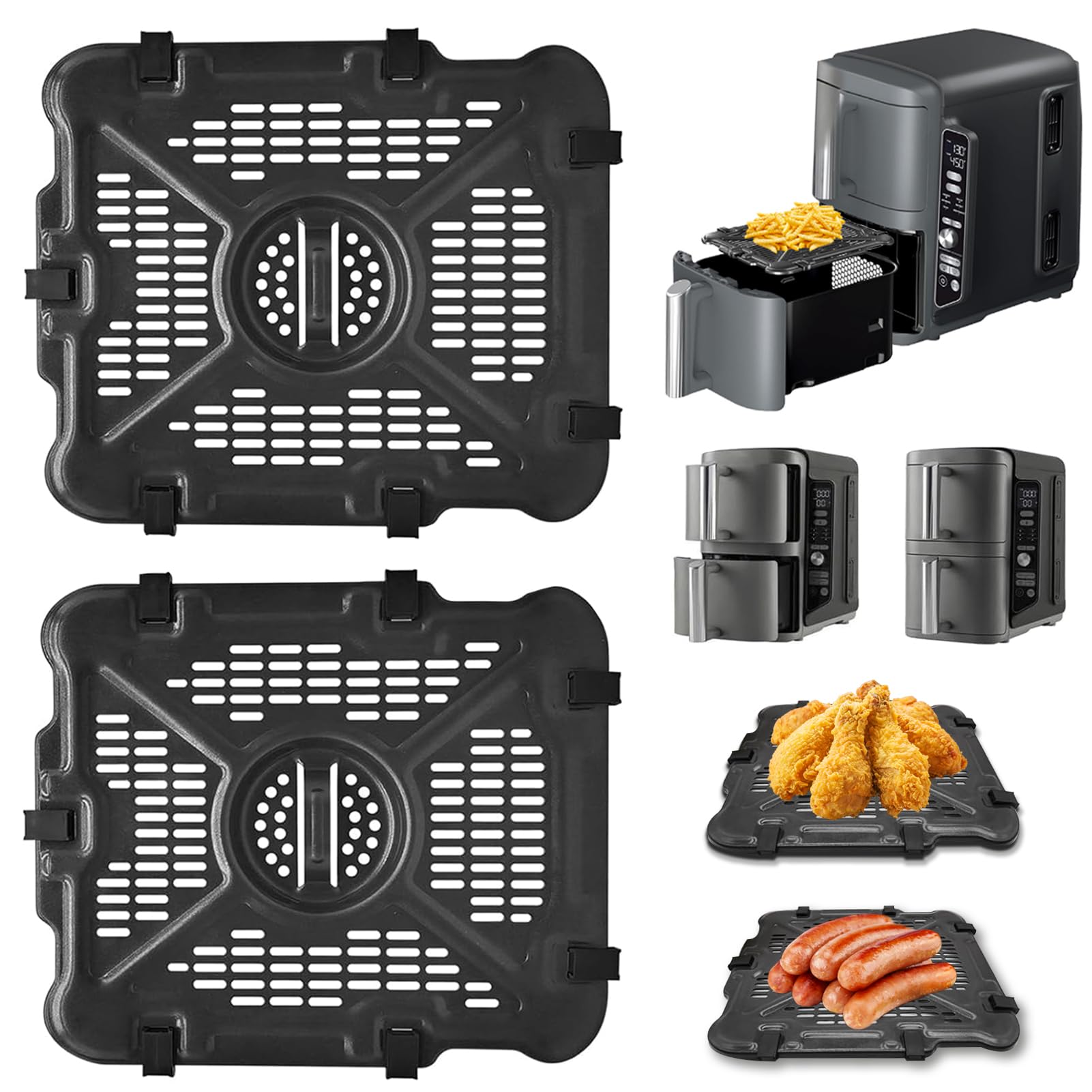 GCQ Air Fryer Grill Pan for Ninja SL400EU 9.5L Double Stack XL 2-Basket Air Fryer, 2 Packs Replacement Air Fryer Crisper Plate Grill Plate Accessories with Rubber Bumpers