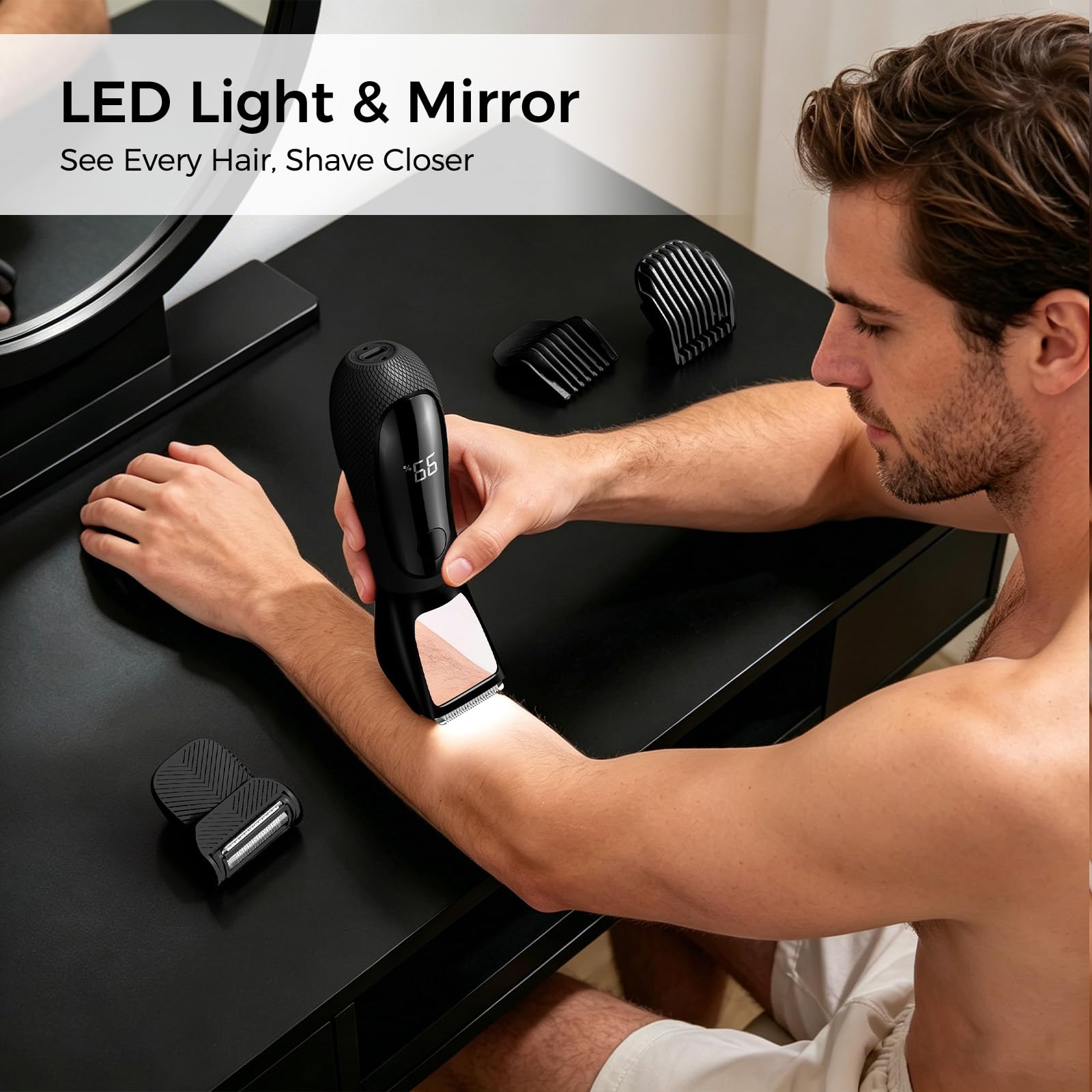 Bikini Trimmer für Männer, 2 in 1 Elektrorasierer Rasierer, IPX7 Wasserdichter Körperhaarschneider mit Spiegel, LED-Licht & Display, Schmerzlose Schamhaarentfernung, Schwarz