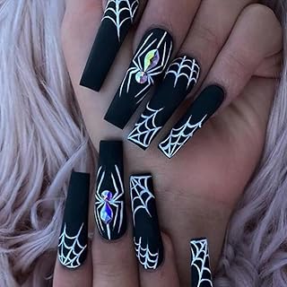 Black Halloween Press on Nails Long with Spider Web Designs, Full Cover Halloween Fake Nails Glossy Halloween Glue on Nails Long Halloween Nails for Women, 24 Pcs