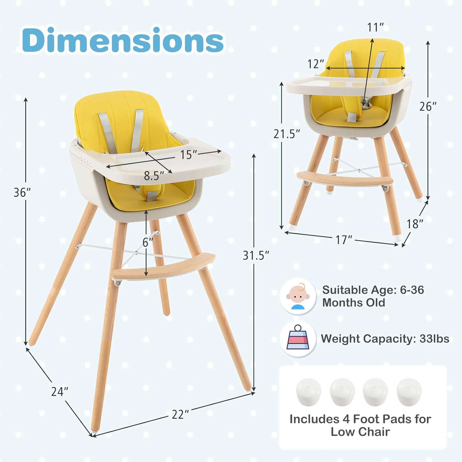 HONEY JOY Baby High Chair, 6-in-1 Eat & Grow Wooden Highchair/Toddler Chair with Removable Tray, 5-Point Harness, PU Cushion and Footrest, Convertible High Chair for Babies and Toddlers(Yellow)