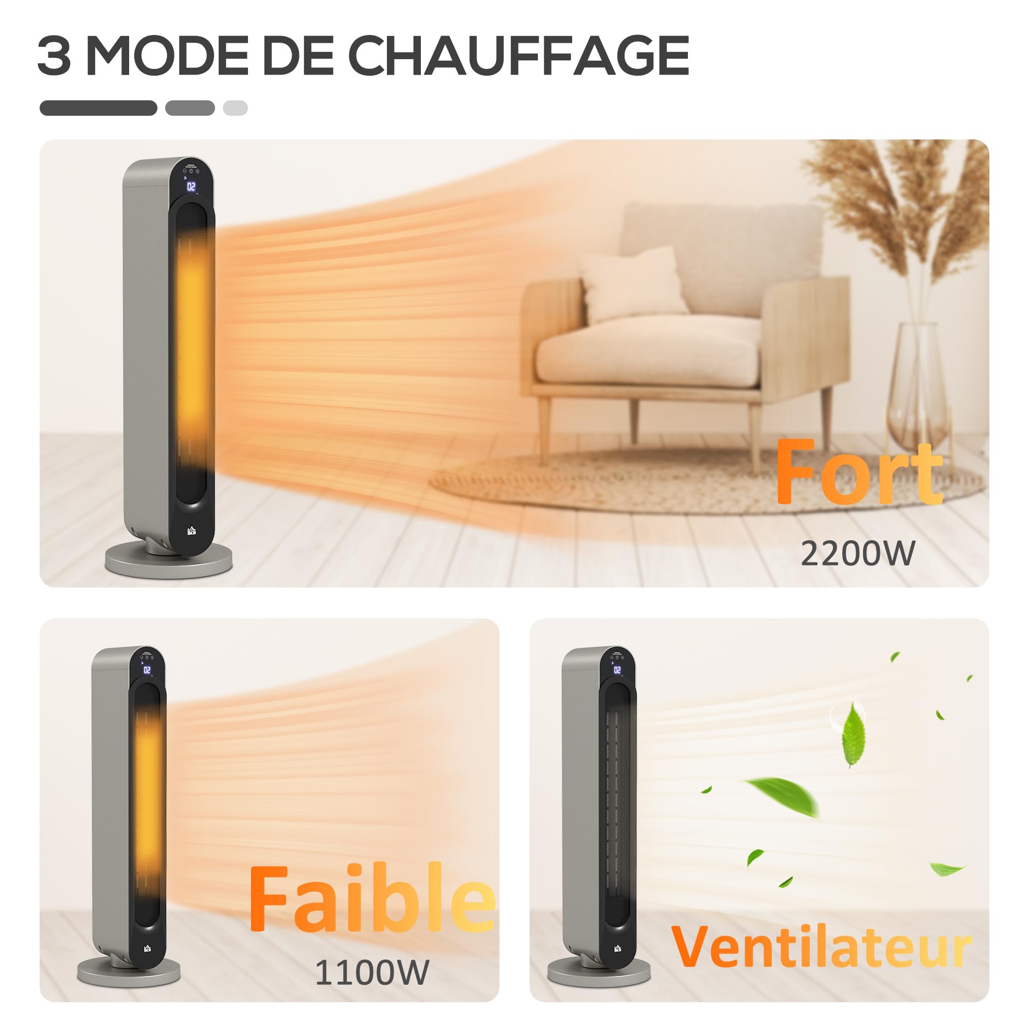 HOMCOM Chauffage soufflant oscillant 1100/2200 W - Mini radiateur céramique PTC - télécommande Incluse - Chauffage d'appoint Noir