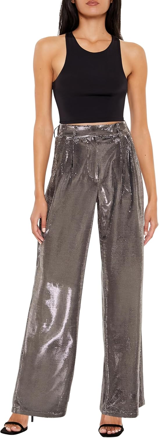 Forever 21 Womens Metallic High-Rise Wide-Leg Pants