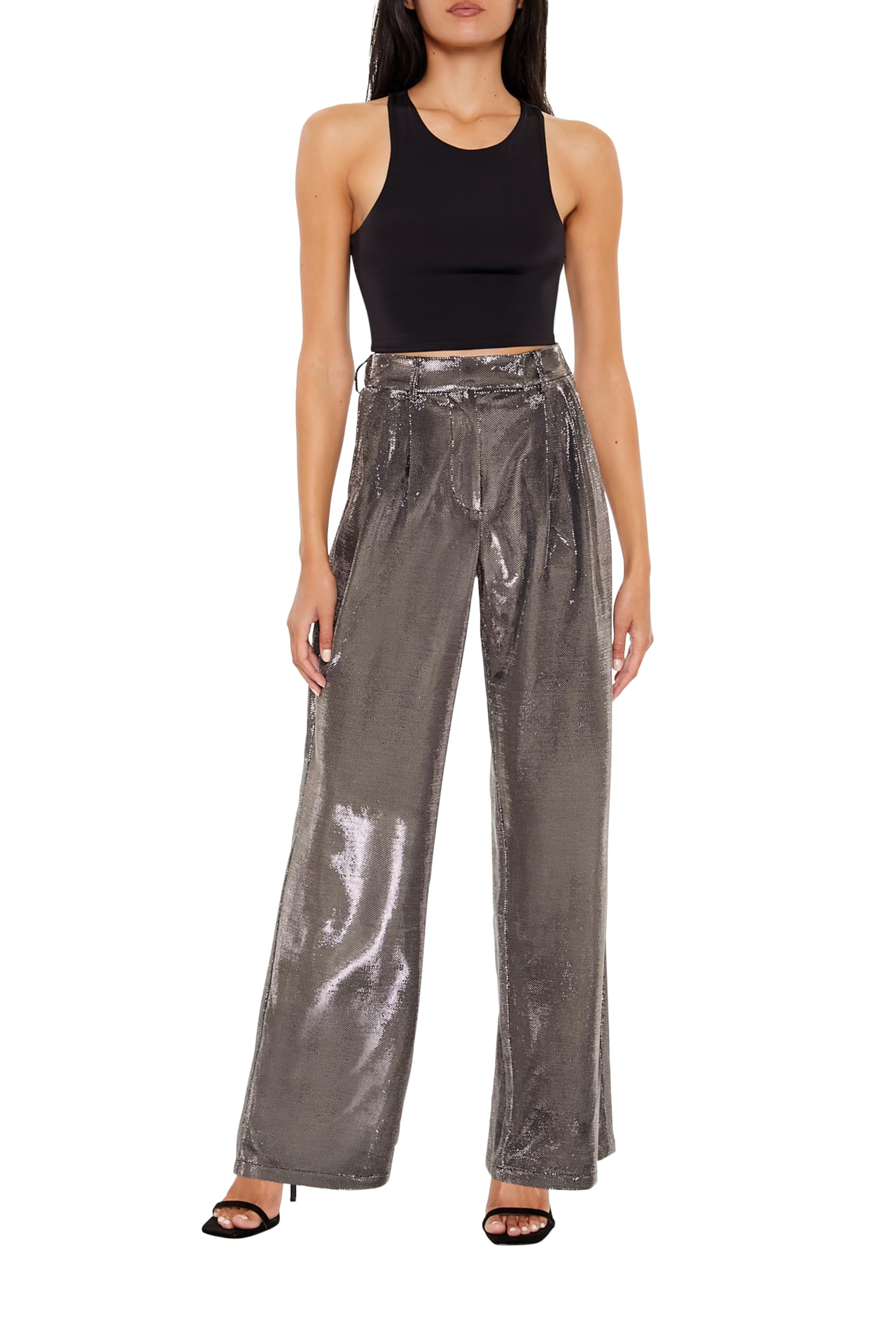 Forever 21 Womens Metallic High-Rise Wide-Leg Pants