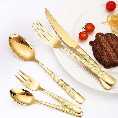 Miniatura 9 de Juego de cubiertos martillados dorados modernos de acero inoxidable para 4 tenedores, cuchillos y cucharas, utensilios de comedor para fiesta,