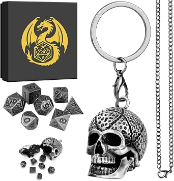 Keller & Weber Mini DND Dice Set with Skull Head Metal Cage Portable Keychain Necklace, Tiny 7pcs Polyhedral D&D Dice Set
