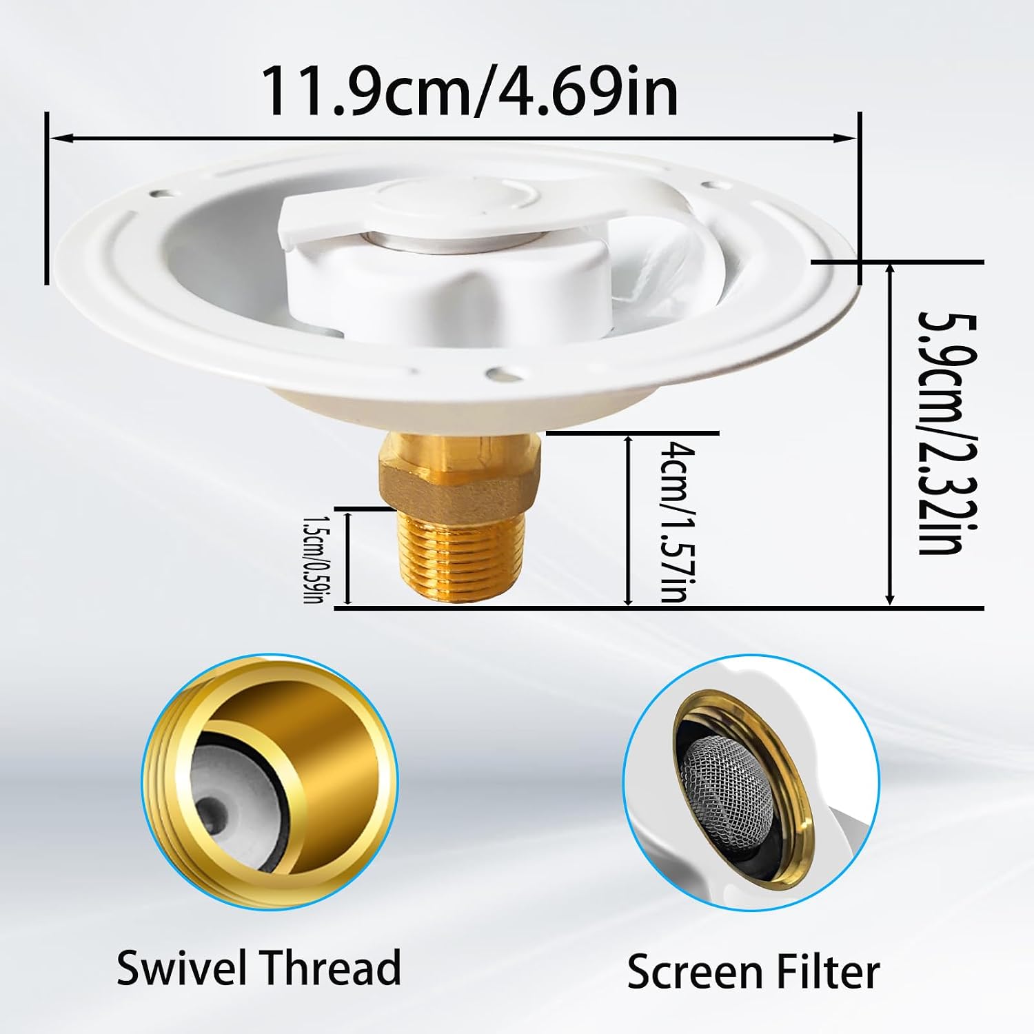 RV City Water Inlet With Check Valve, 3/4 NH Female to 1/2 NPT Male Flange Fresh Water Replacement, Dust Plug for Camper Motorhome, White