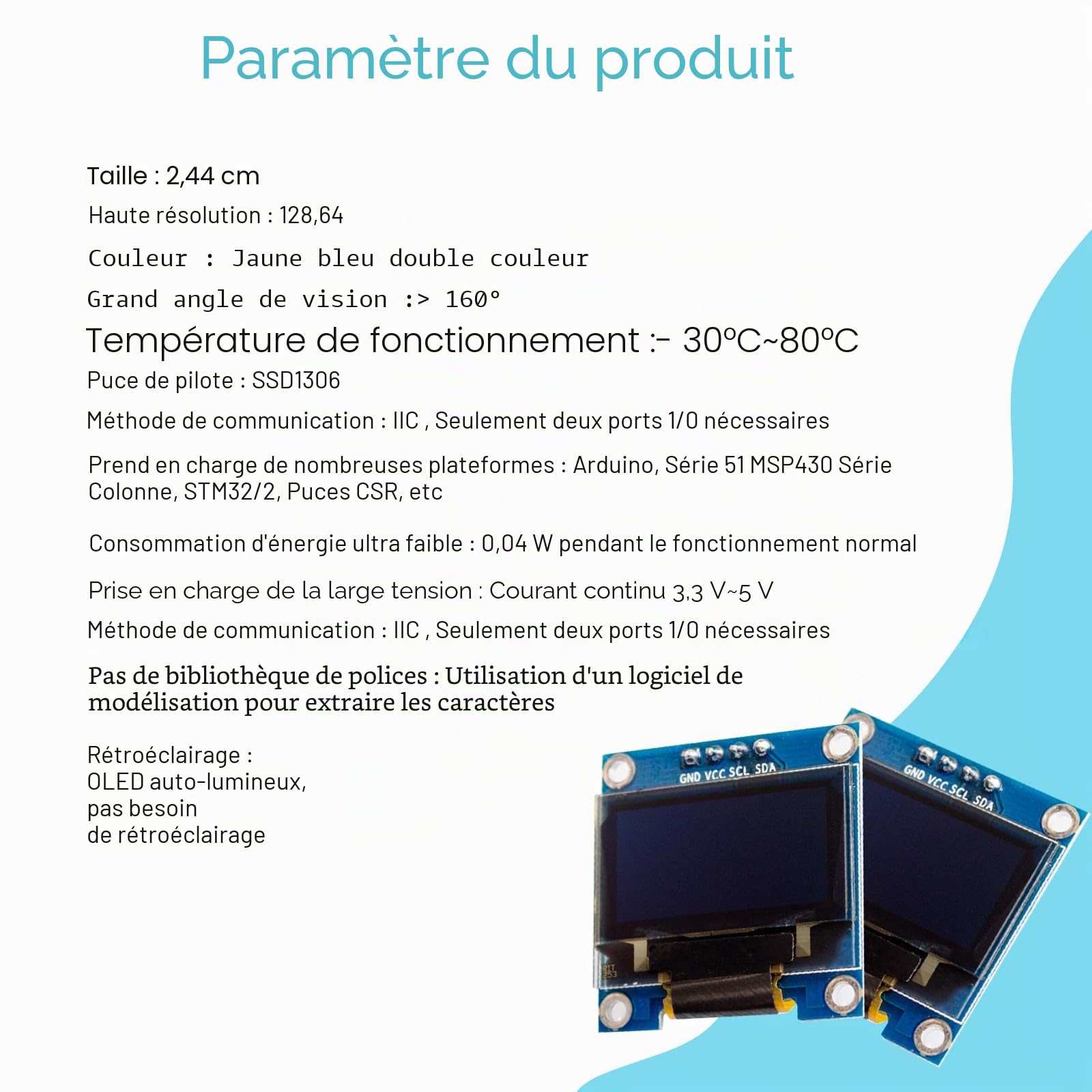 Lot de 4 écrans OLED de 0,96 ", caractères bleus, module d'affichage I2C 128 x 64 pixels I2C, compatible avec Arduino Raspberry Pi