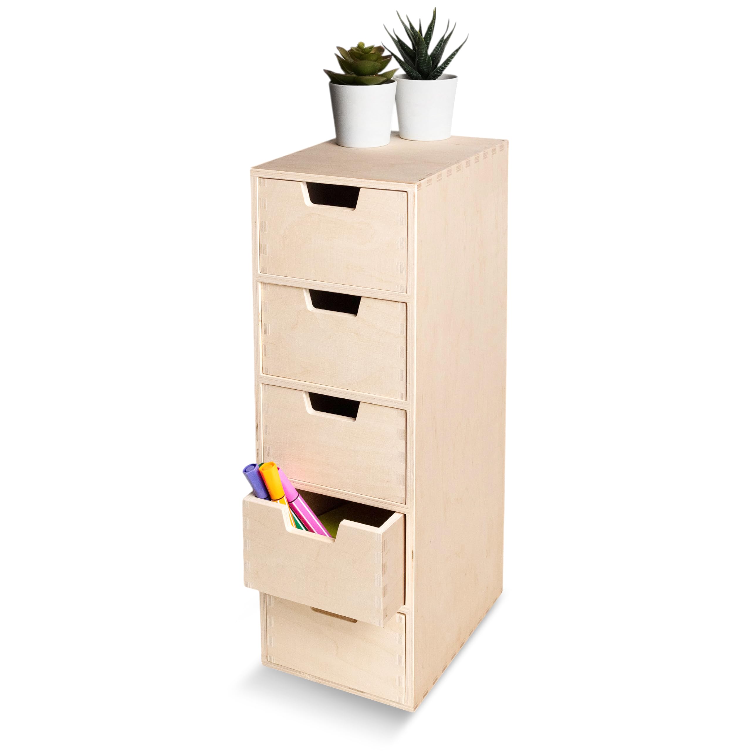 Creative Deco Mini Wooden Chest of Drawers | 15x20.5x47cm | 5 Compartments | Desk Organiser for Paper Work Documents | Plain Stationary Organiser for Office Accessories | Large Storage Box with Drawer