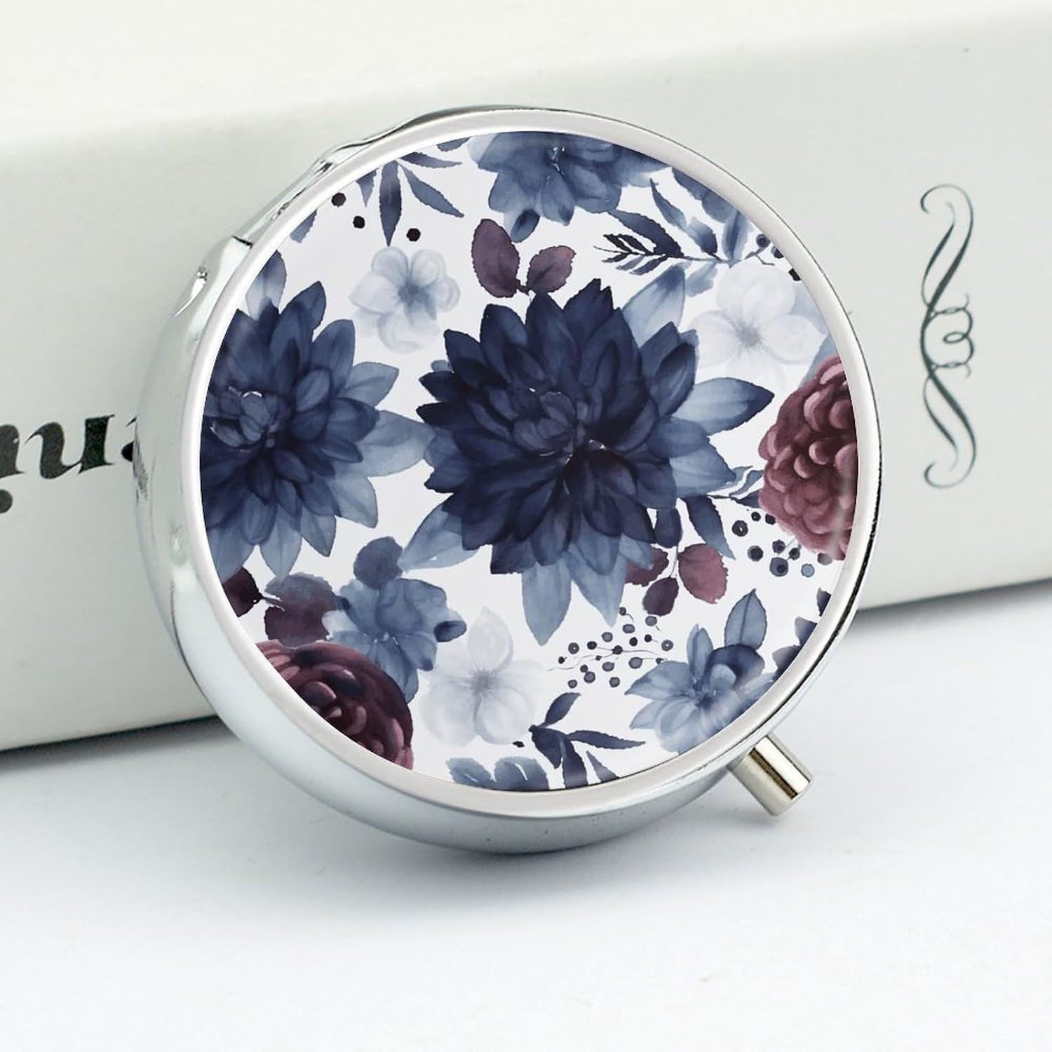 Round Silver Pill Box Small Pill Case for Purse and Pocket 3 Compartment image 4