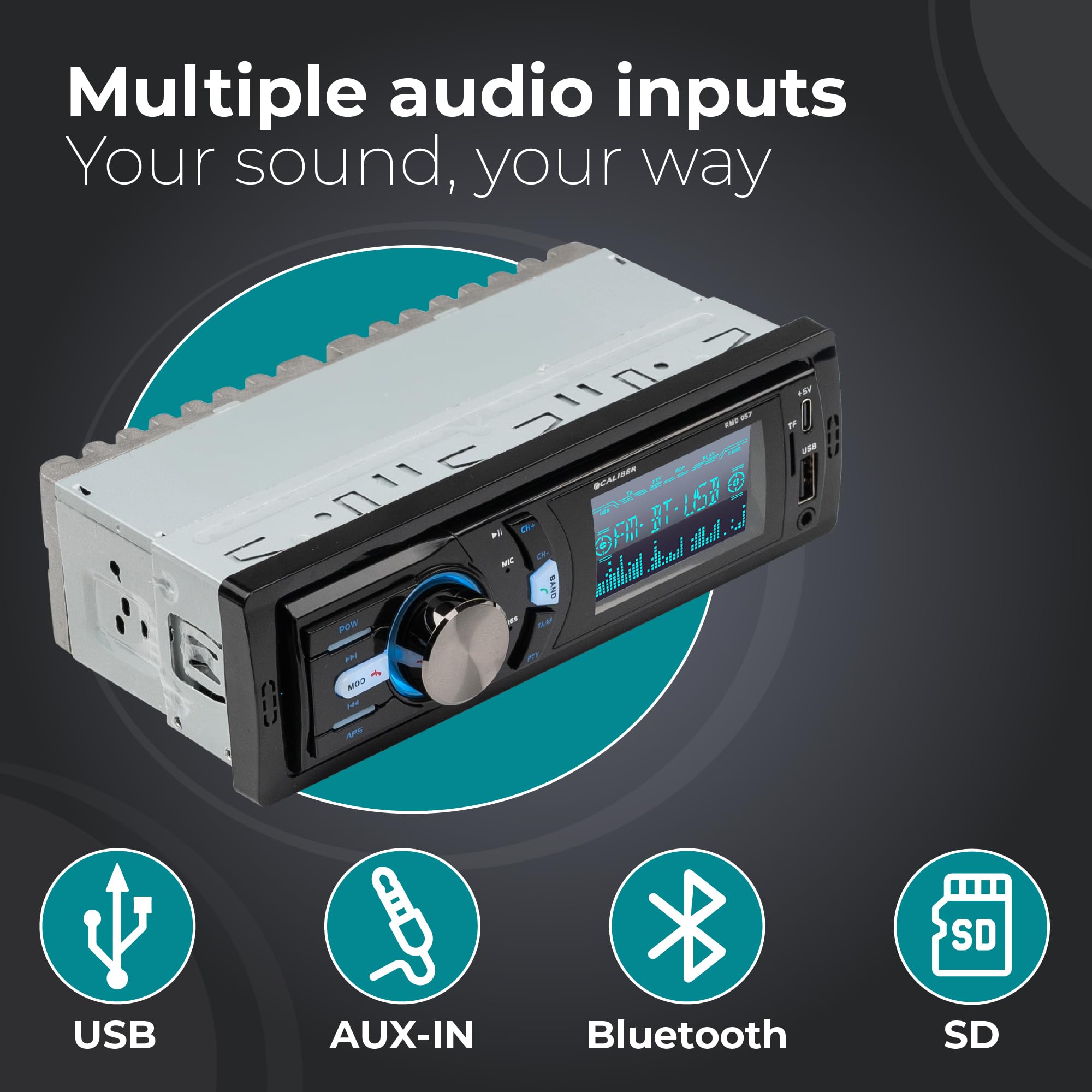 Caliber Autoradio Bluetooth & USB, 1-DIN, Kit Mains-Libres, 4x75W, Multicolore, 85mm de Profondeur, INCL. Micro Externe & télécommande (RMD057)