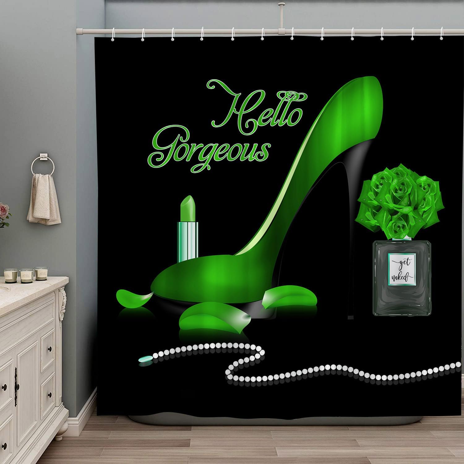 Fashion Girl Shower Curtain Hello Gorgeous Perfume Bottle Green High Heels Rose Flower Makeup Retro Lady Lipstick Romantic Lover Girly Fabric Black Bathroom Decor Set with Hooks 70Wx90H Inch