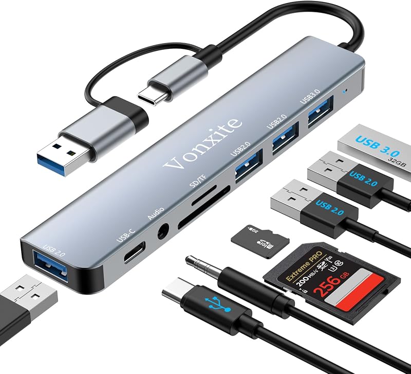 USB C Hub, 8 in 1 USB Hub 3.0 Multiport Adapter mit 1*USB 3.0 mit 5 Gbit/s, 3*USB 2.0, 1*USB-C, 3.5mm Audio, SD/TF Kartenleser, USB C Splitter Aluminium für MacBook/Surface/XPS/PC/Laptops/Tablet etc.