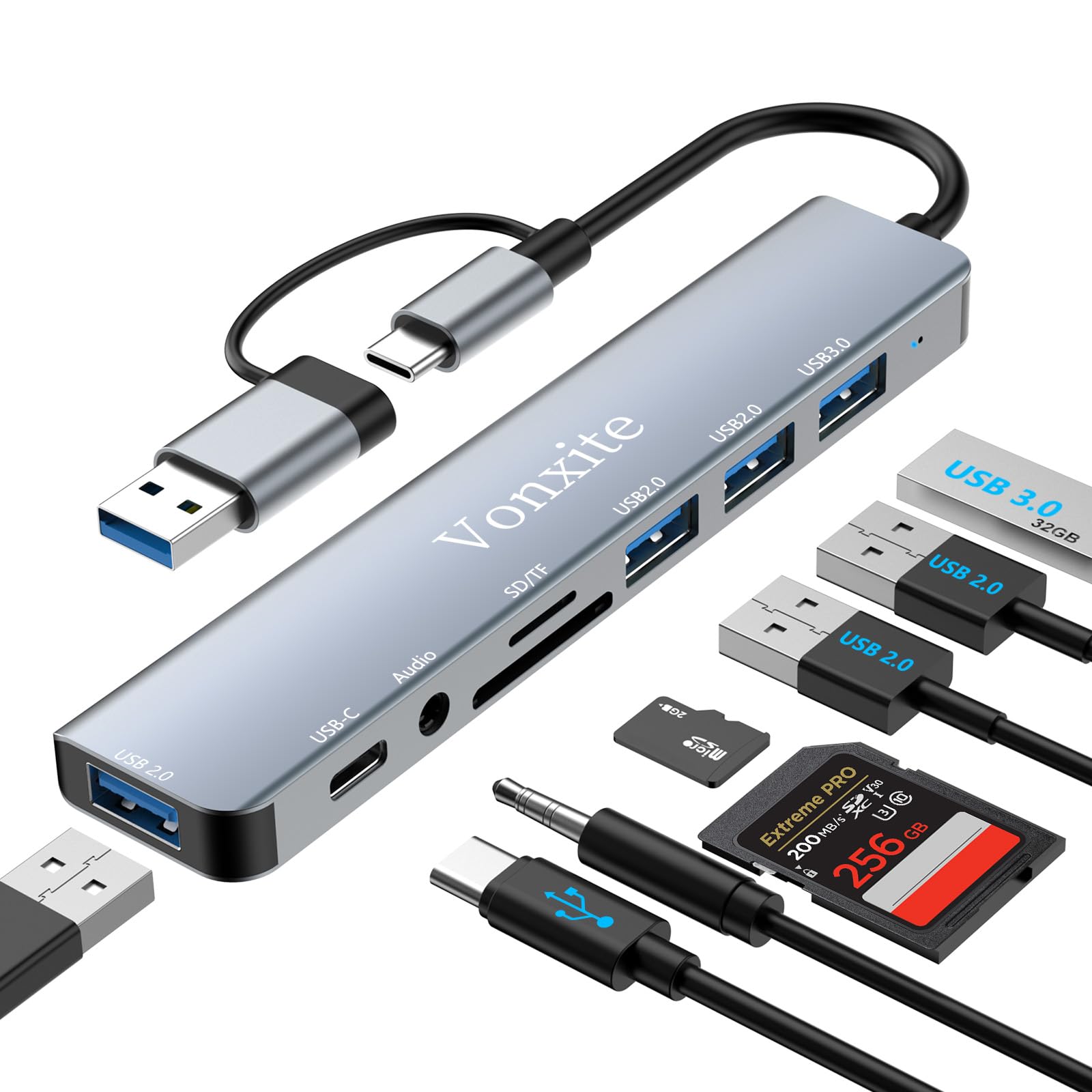 USB C Hub, 8 in 1 USB Hub 3.0 Multiport Adapter mit 1*USB 3.0 mit 5 Gbit/s, 3*USB 2.0, 1*USB-C, 3.5mm Audio, SD/TF Kartenleser, USB C Splitter Aluminium für MacBook/Surface/XPS/PC/Laptops/Tablet etc.