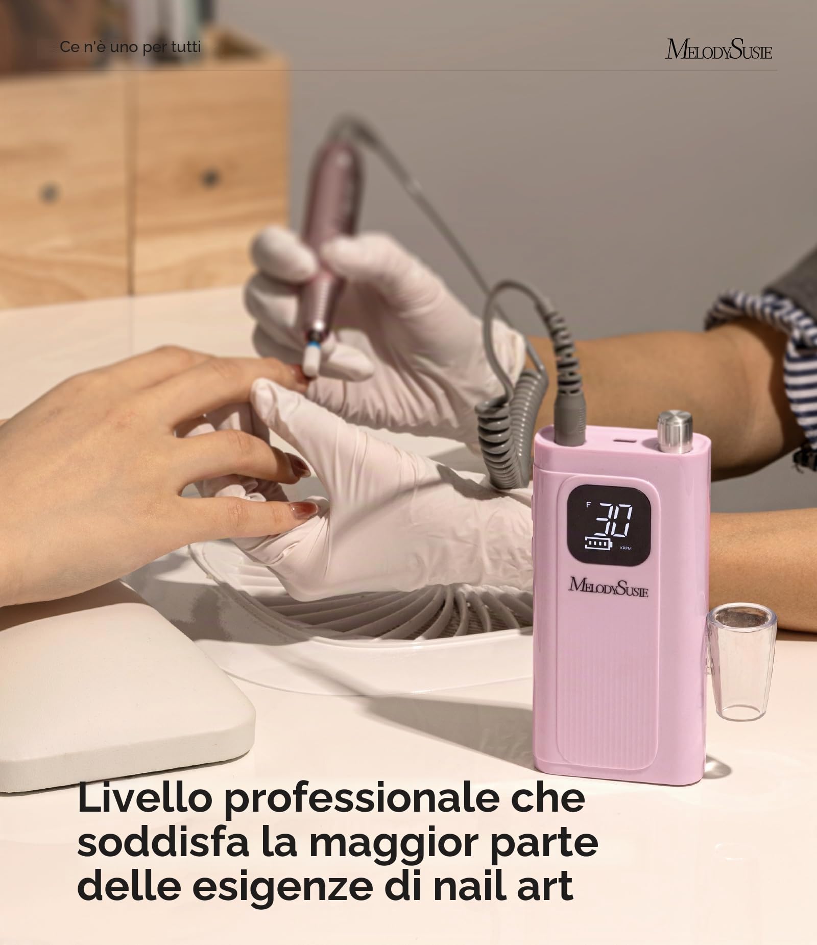 MelodySusie Clip-On SC300F - Trapano per unghie senza fili, 30.000 giri/min, per principianti | Durata della batteria 8-12h, 6 punte e 56 nastri abrasivi per modellare, rimuovere gel e studenti in formazione