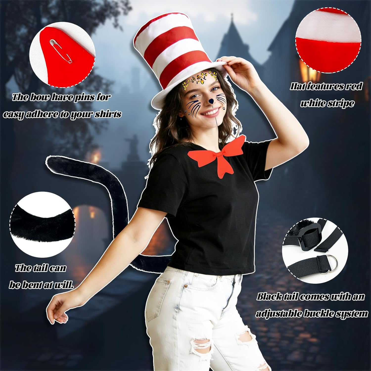 5 Pcs Cat Costume Accessory Set with Red White Striped Hat/Red Bow Tie/31inch Black Tail and White Gloves for Cosplay - Image 4