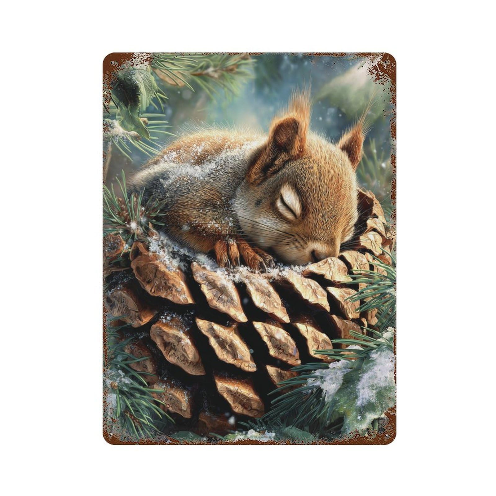 Rust Effect Winter Squirrel Pinecone Aged Metal Wall Plaque 15.7"x11.8", Industrial Home Decor for Cafe, Home Bar And Lounge Decor