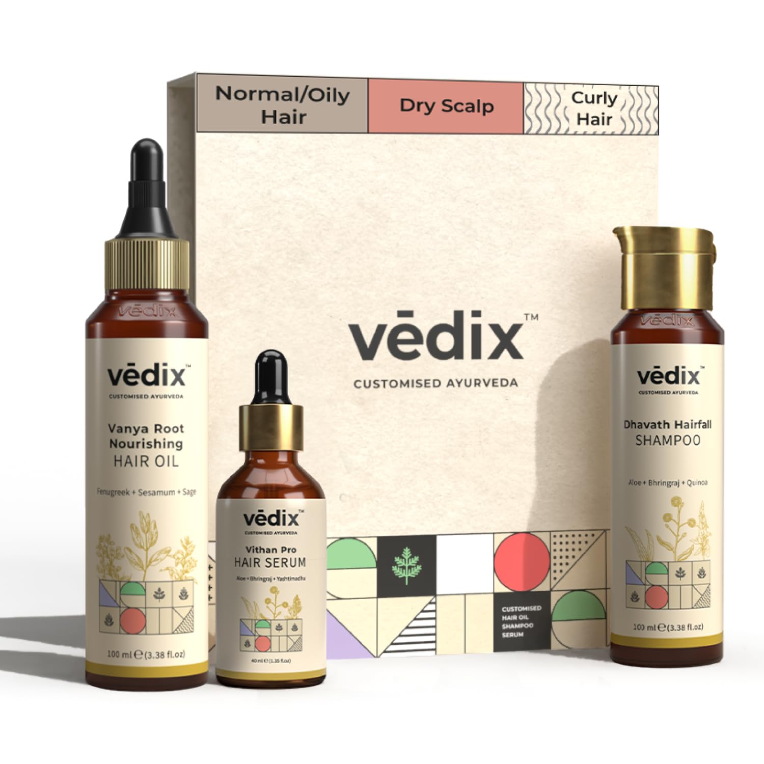 Vedix Customized Hair Fall Control For Normal/Oily - Dry Scalp & Curly Hair-3 Product Kit-Anti Hair Fall Oil Fenugreek + Sesamum & Shampoo - Hair Growth Serum, Off White