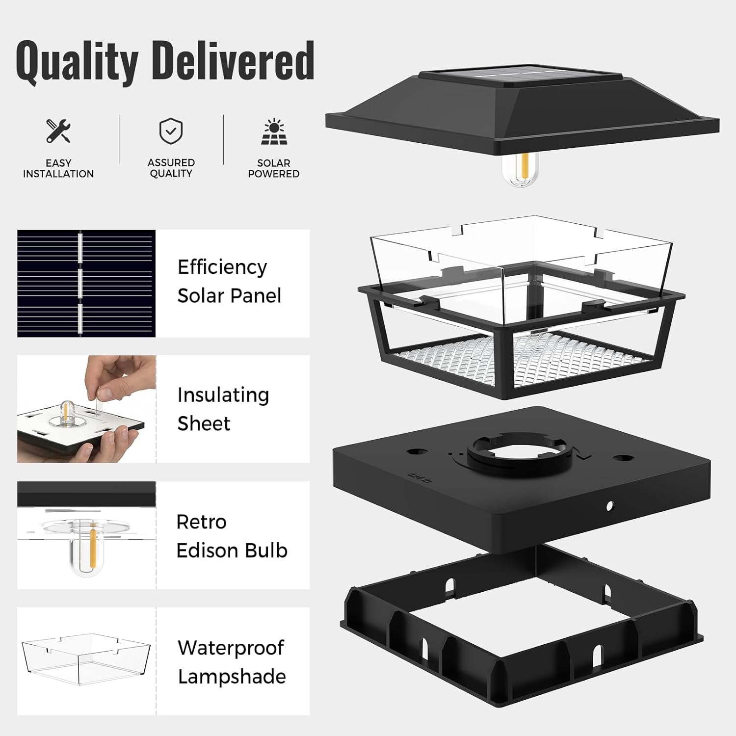 btfarm 4x4 Solar Post Cap Lights, 8 Pack Fence Deck Post Lights Outdoor Solar Powered Waterproof with Edison LED Bulb, Fits 4x4, 3.5x3.5 Wooden & Vinyl Posts for Porch Patio Yard(Warm White, Black)