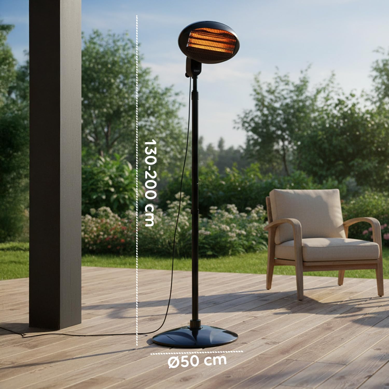 Wintem – Stufa Elettrica da Patio Verticale Ignis con 3 Livelli di Riscaldamento, Altezza Regolabile 130–200 cm, Testa Inclinabile a 45°, Riscaldamento Elettrico a Basso Consumo per Esterni