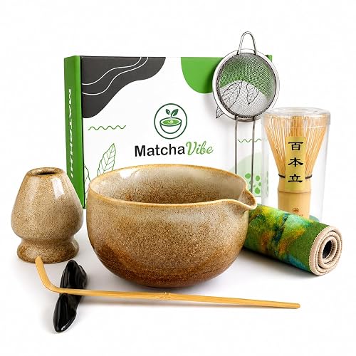 Kit Matcha Completo 7 Piezas – Set Matcha con Cuenco Artesanal de Cerámica Gruesa y Batidor de Bambú (Chasen) | Preparación Tradicional | MatchaVibe