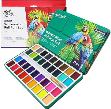 Mont Marte Watercolor Full Pan Set Signature 37pc, Featuring 36 Full Pan Colors and Round Brush, Includes Sturdy Travel Tin and Four Mixing Wells