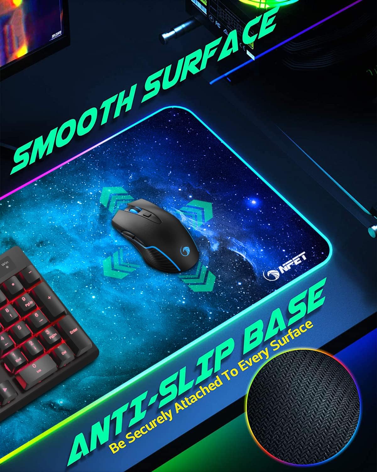 NPET MP02-SP Gaming Mouse Pad, Cloth Mouse Pad, Anti-Slip Base, RGB Backlit, Stitched Edges, Water-Resistant, Optimized for Gaming Sensors, XL