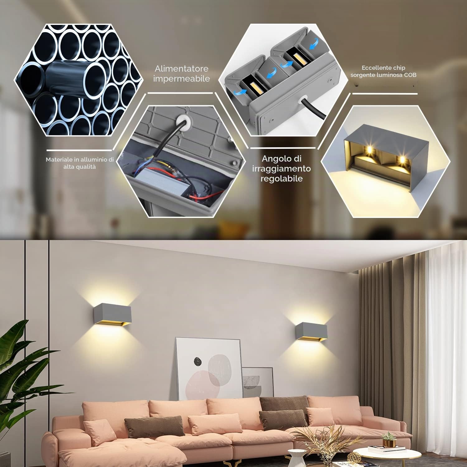 Kingwen Applique da Parete LED 20W 3000K Bianco Caldo Grigio 2 Pezzi | Angolo del Fascio Regolabile, Esterno/Interno, IP65 Impermeabile